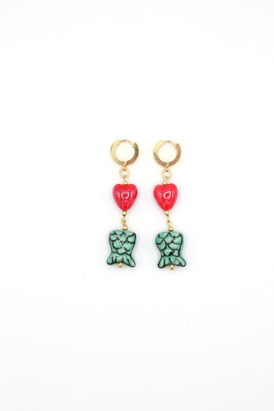 18K gold plated huggie hoops with heart and mermaid tail charms