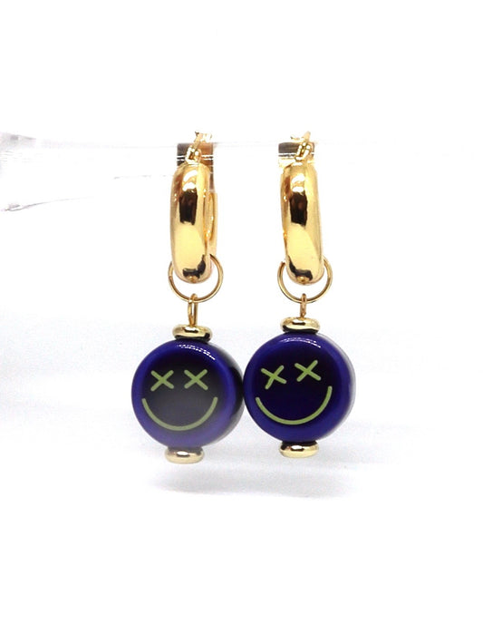 18K gold plated hoop earrings with blue crossed eyes ceramic smiley charms