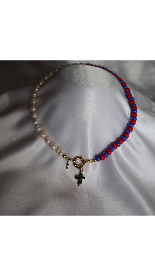 Red, white, and blue jewelry design with natural pearls