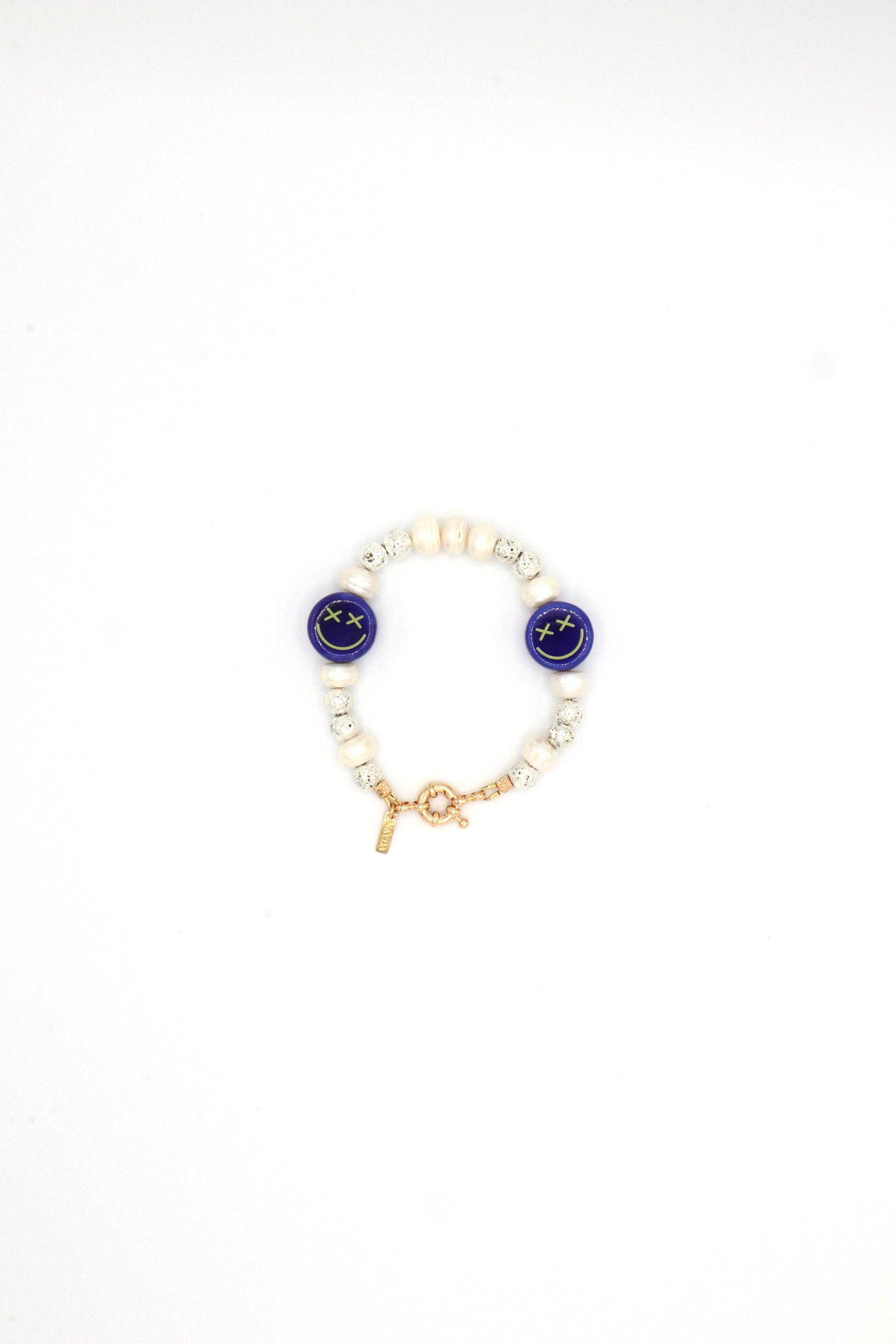Handmade smiley face bracelet with freshwater pearls and lava beads