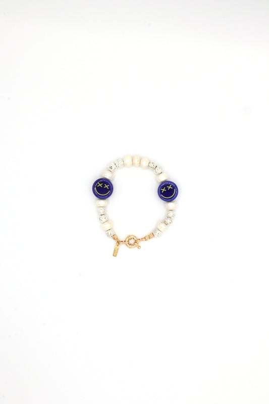 Handmade smiley face bracelet with freshwater pearls and lava beads