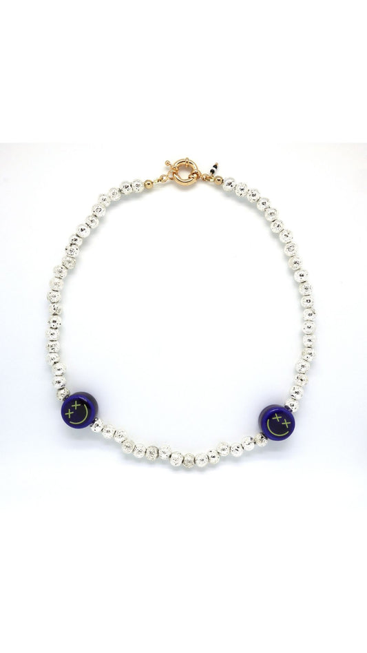 Handmade necklace with ceramic blue smiley face and metallic lava beads