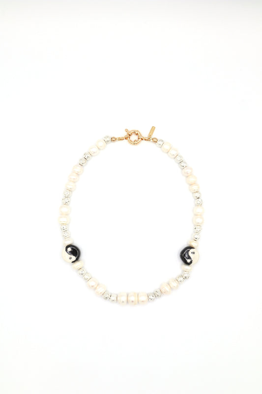 Handmade ceramic yin yang necklace with freshwater pearls and lava beads