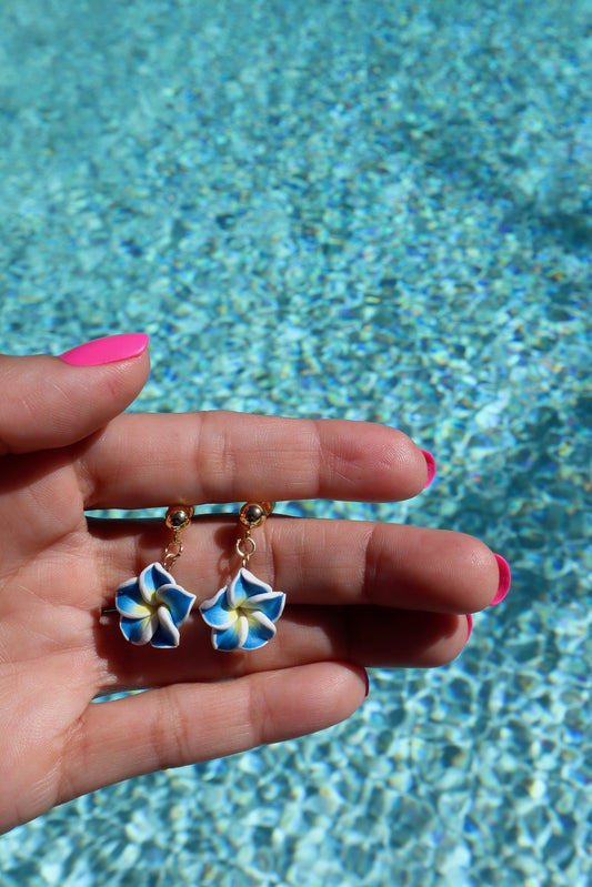 clay-blue-white-yellow-tropical-plumeria-flower-18K-gold-plated-dangle-earring-studs-by-pool