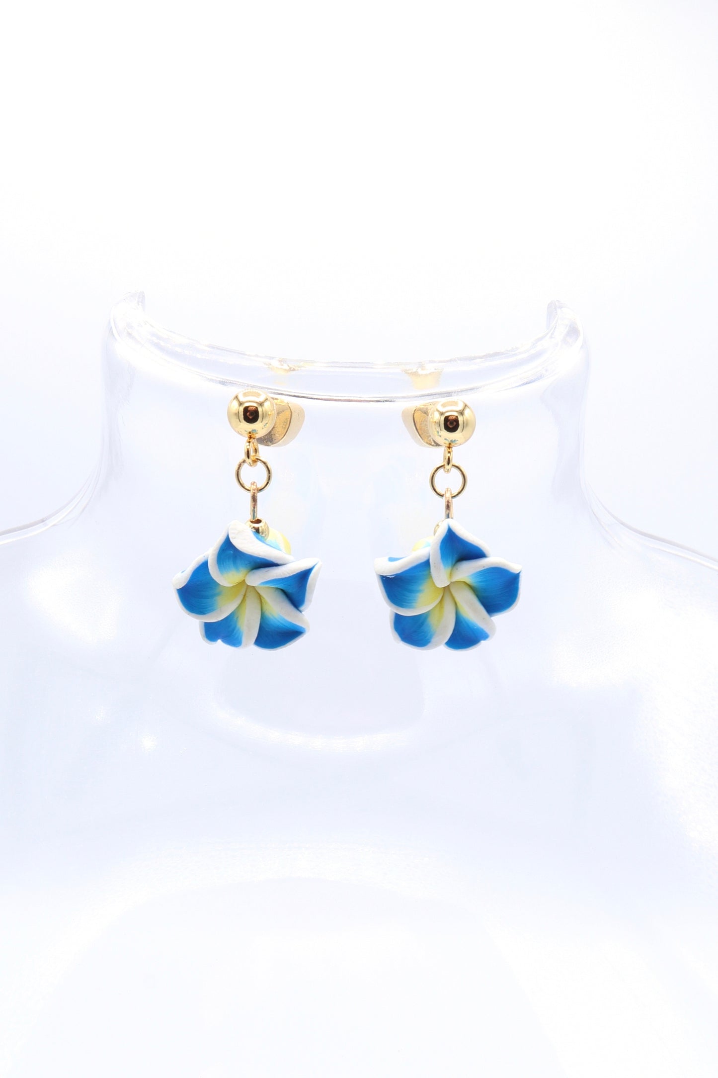 clay-blue-white-yellow-tropical-plumeria-flower-18K-gold-plated-dangle-earring-studs