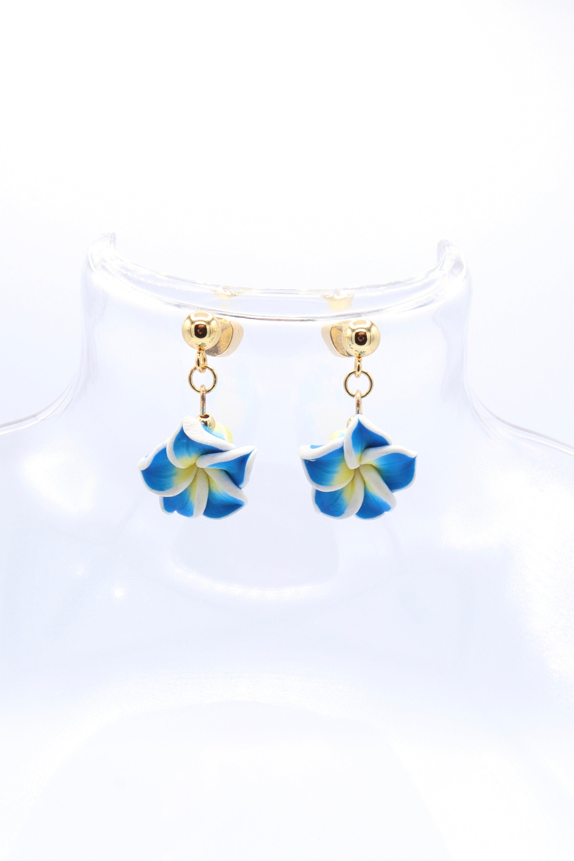 clay-blue-white-yellow-tropical-plumeria-flower-18K-gold-plated-dangle-earring-studs
