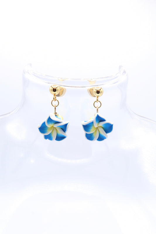 clay-blue-white-yellow-tropical-plumeria-flower-18K-gold-plated-dangle-earring-studs