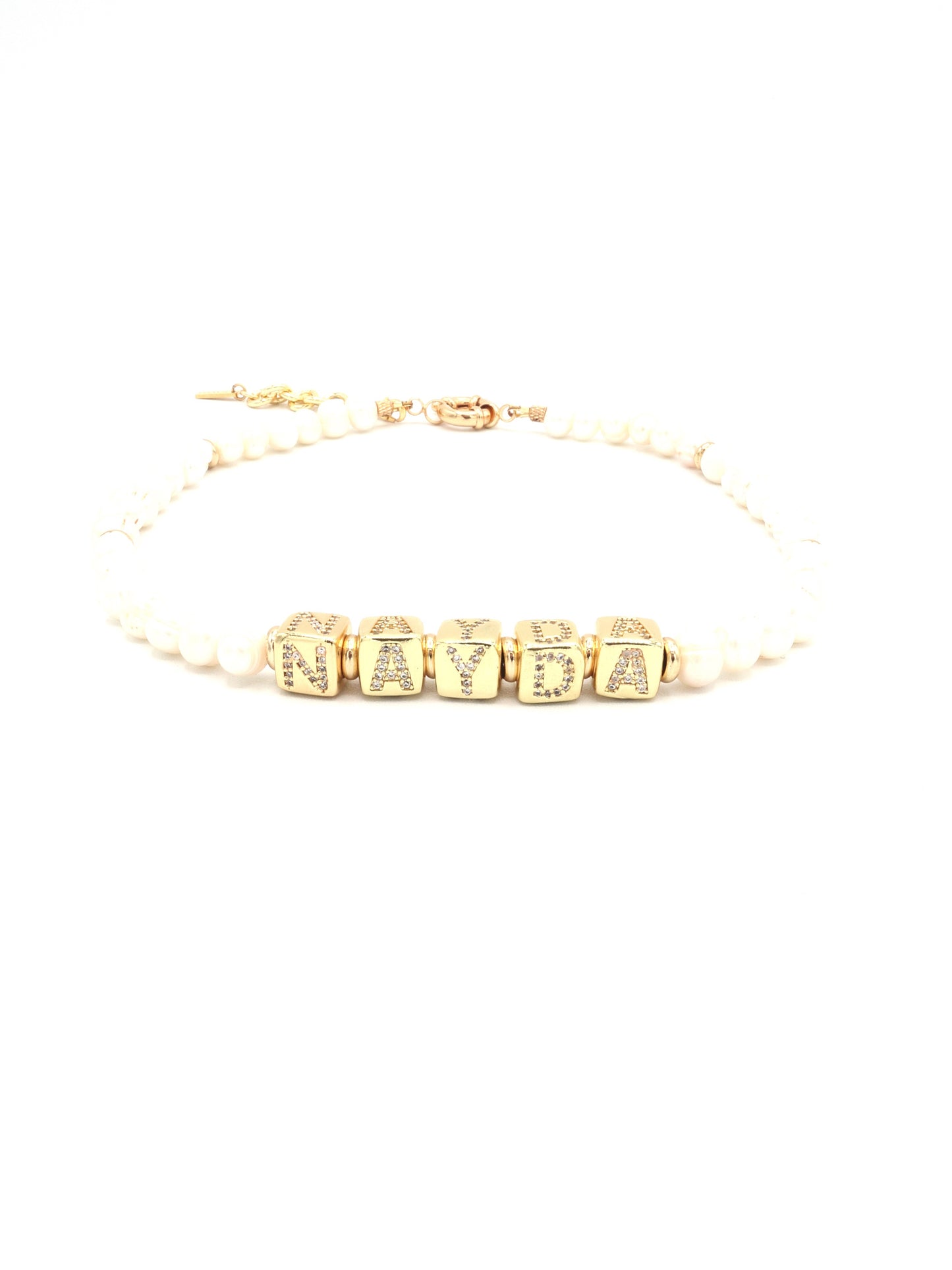 Customizable 24K gold plated rhinestone cube letter necklace with freshwater pearls by Nayda De Jesus