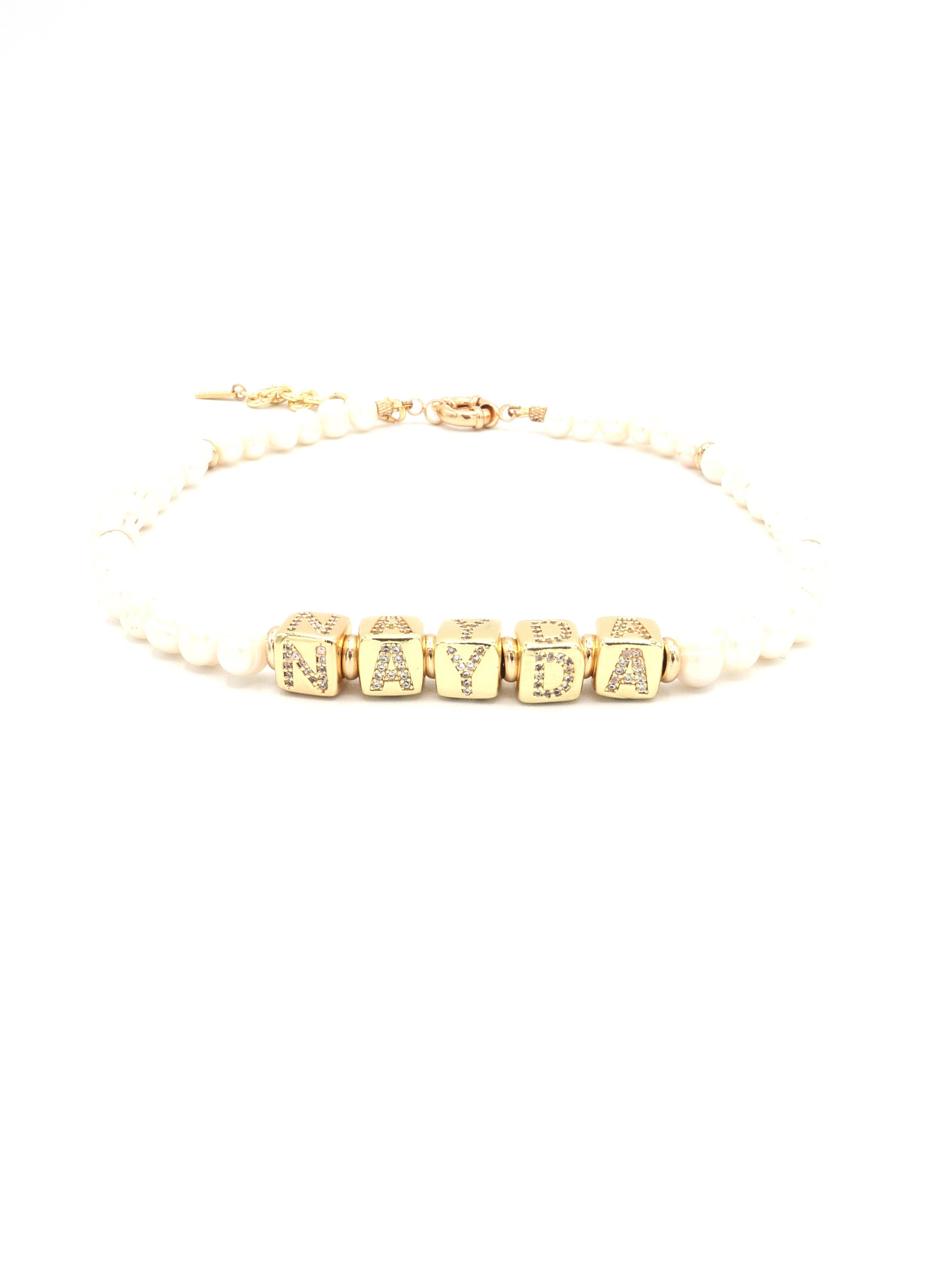 Customizable 24K gold plated rhinestone cube letter necklace with freshwater pearls by Nayda De Jesus