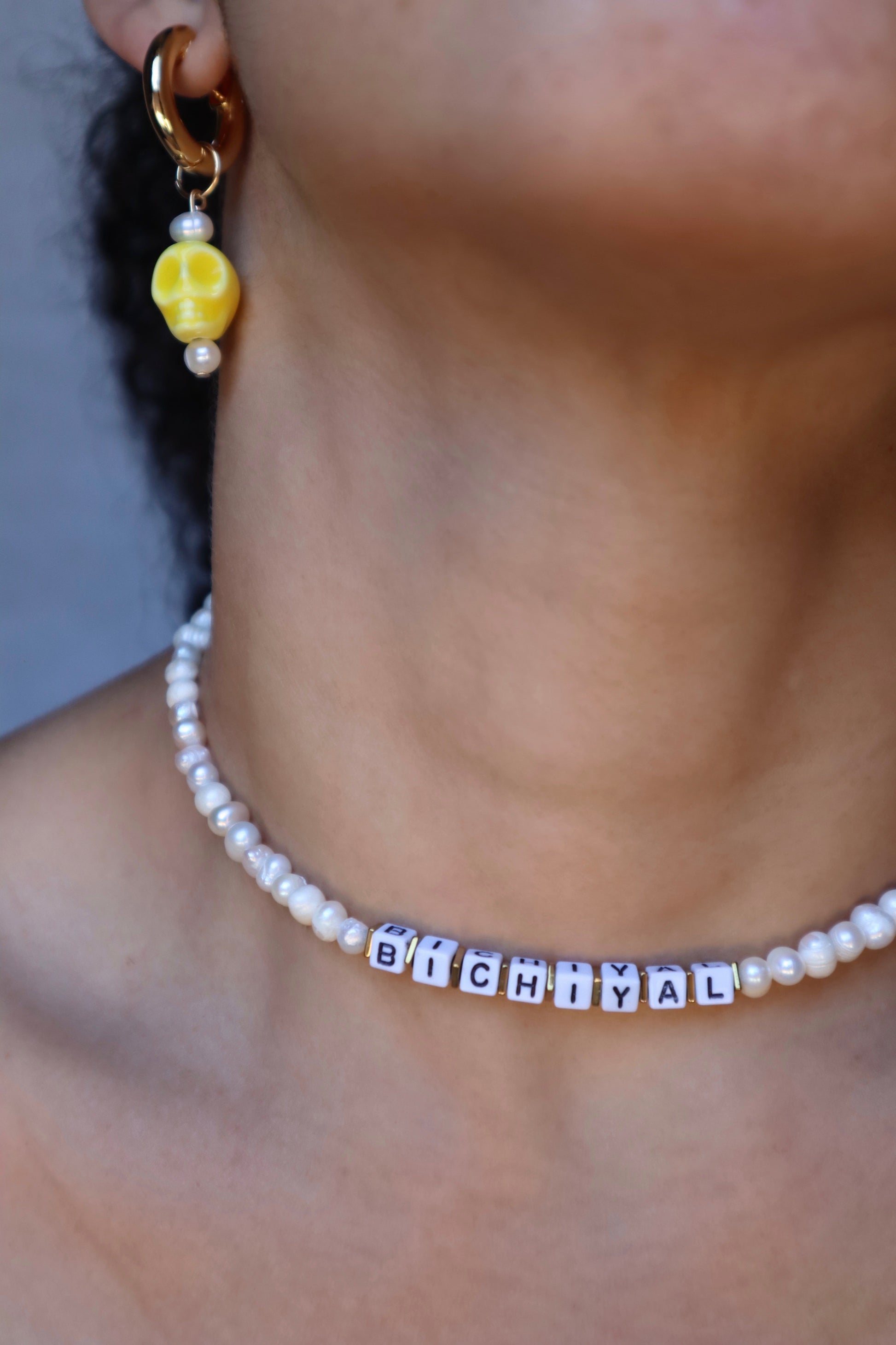 Cube letters and freshwater pearls handmade necklace by Nayda De Jesus