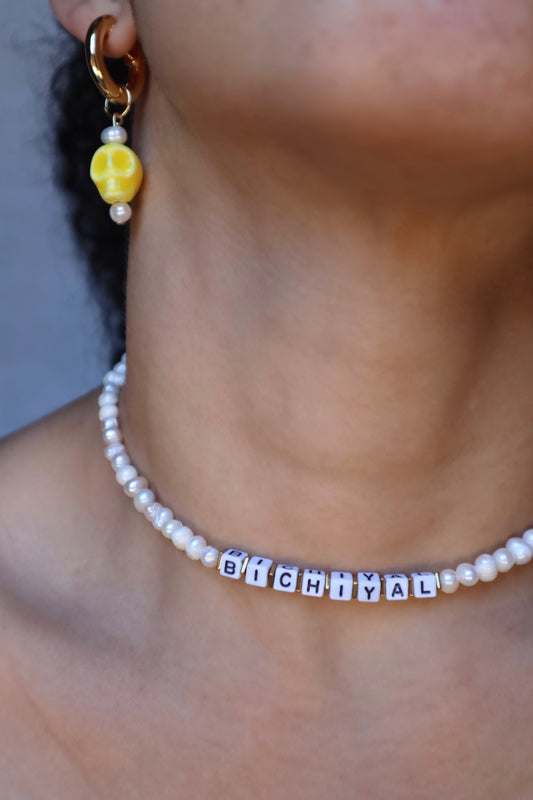 Cube letters and freshwater pearls handmade necklace by Nayda De Jesus