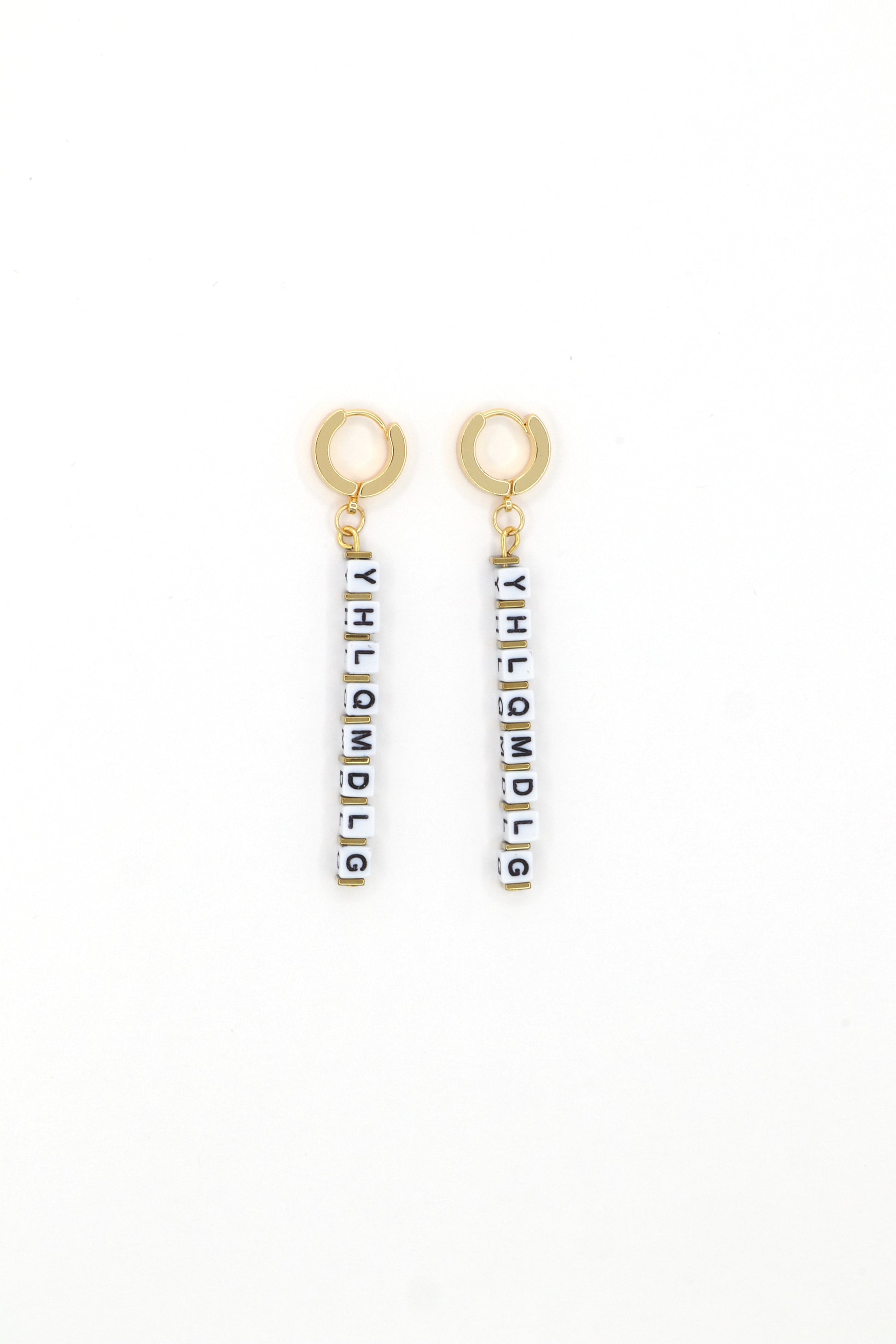 18K gold huggies earrings with “YHLQMDLG” letter cubes