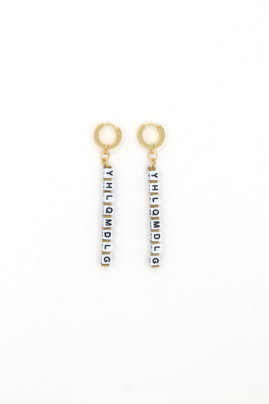 18K gold huggies earrings with “YHLQMDLG” letter cubes