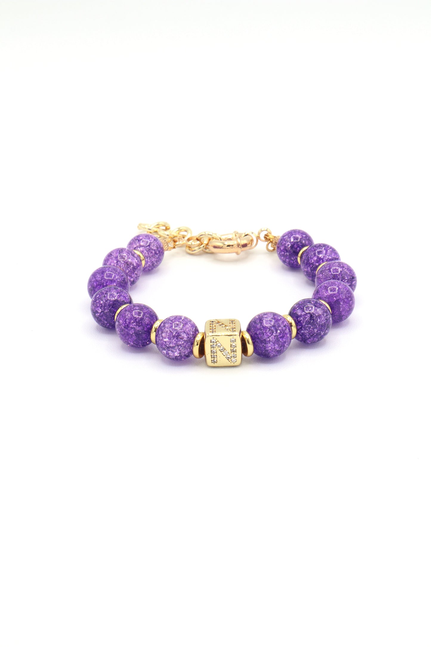 customizable-gold-cube-letter-with-purple-quartz-beads-and-18K-gold-plated -spacers-along-18K-gold-filled-spring-clasp-closure