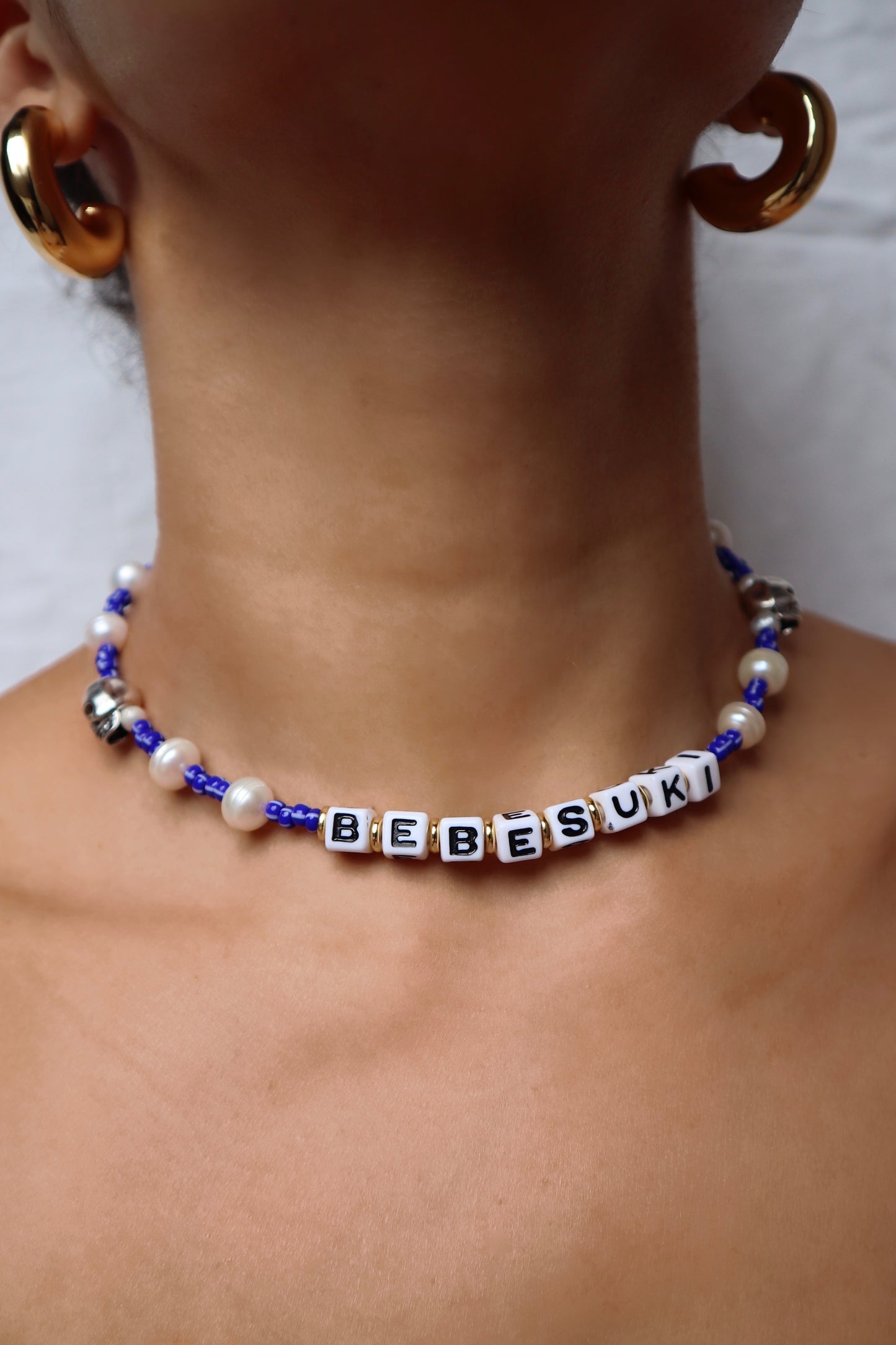 Personalized Puerto Rican slang necklace with skull and freshwater pearls