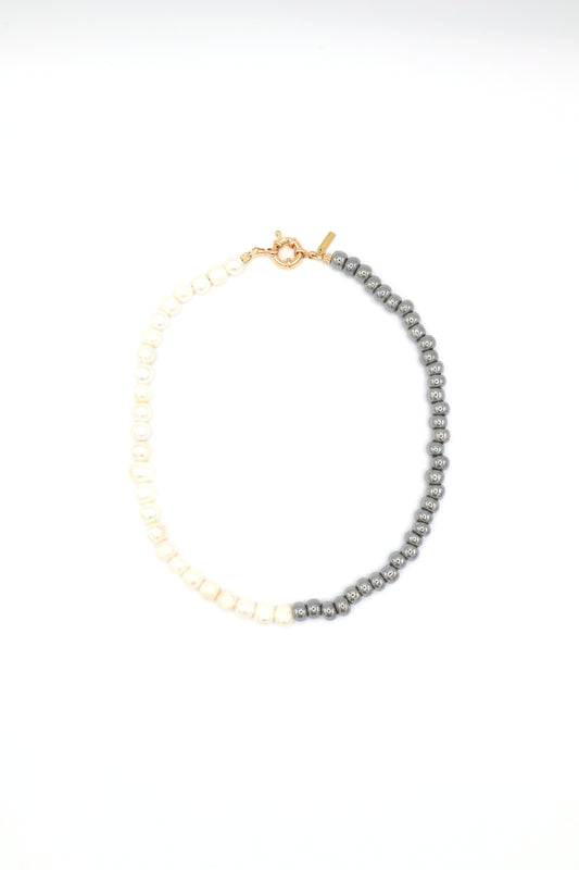 Freshwater pearls and gray glass beads handmade necklace