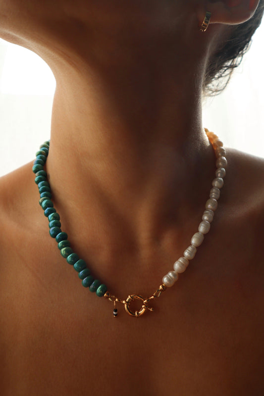 Freshwater pearls and green glass beads handmade necklace on model