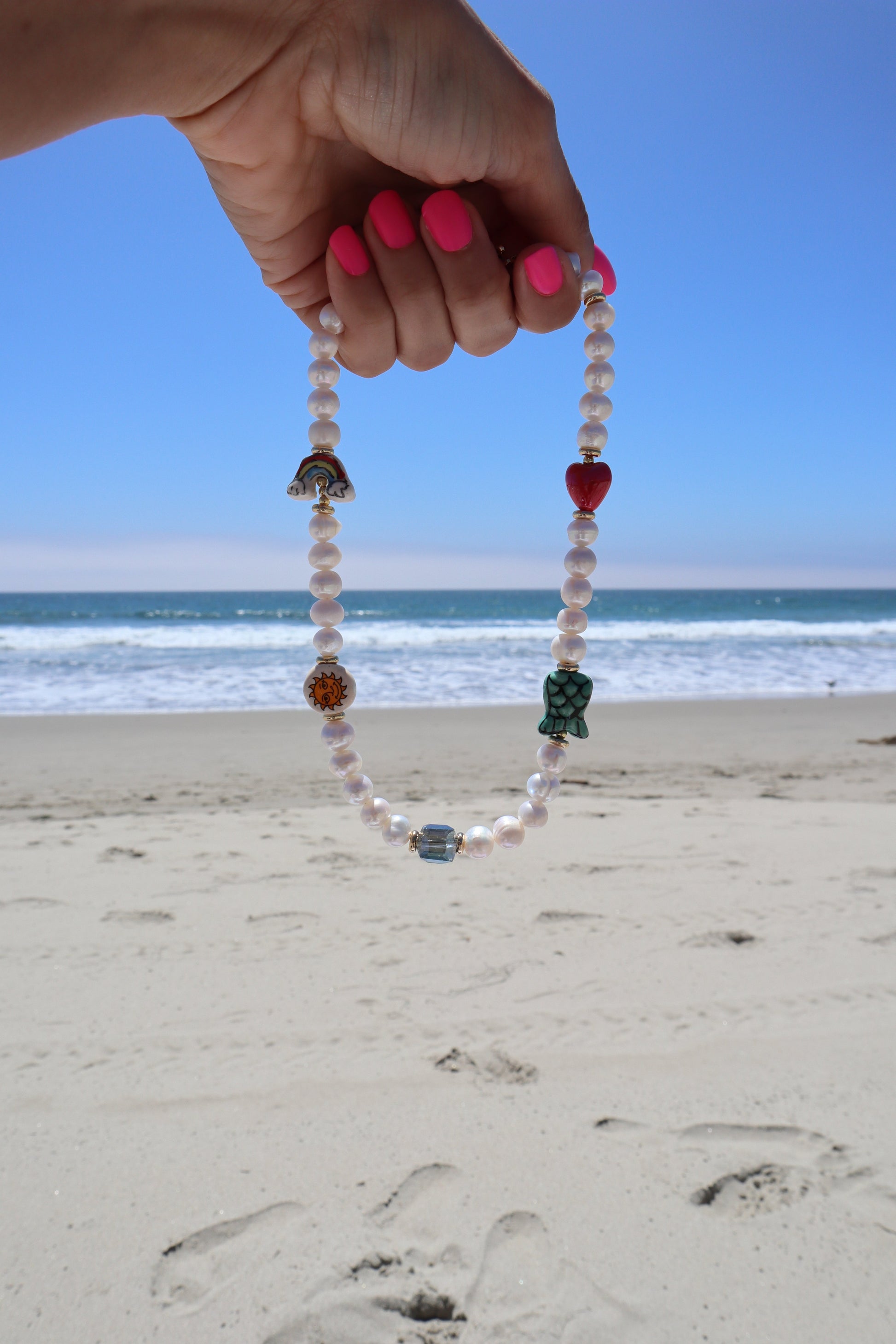 Rainbow mermaid heart ceramic beads with iridescent stones and pearls