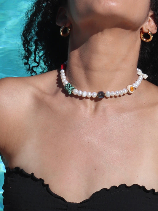 Rainbow mermaid heart ceramic beads with iridescent stones and pearls