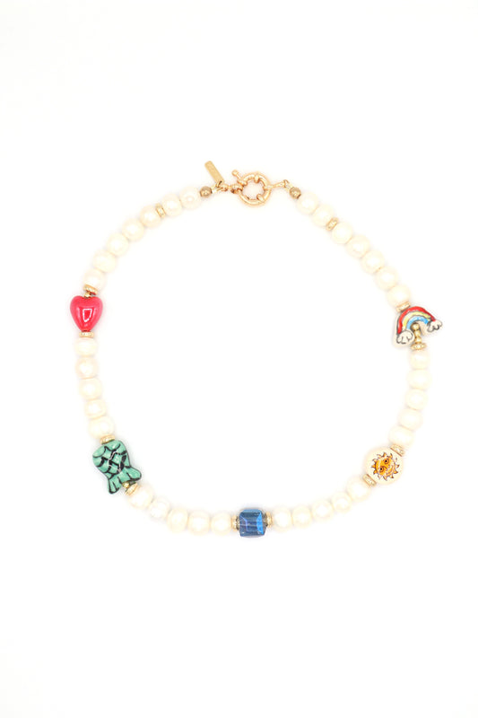 Necklace with freshwater pearls, iridescent glass stones, and rainbow ceramic hearts