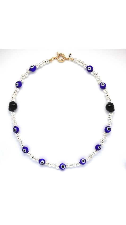 Glass evil eye and ceramic skull pendant necklace with metallic lava beads