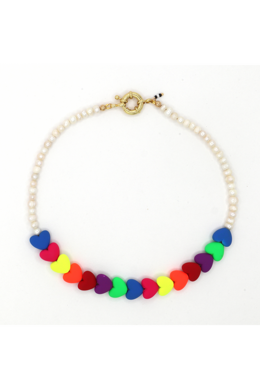 Handmade rainbow hearts and freshwater pearls necklace by Nayda De Jesus