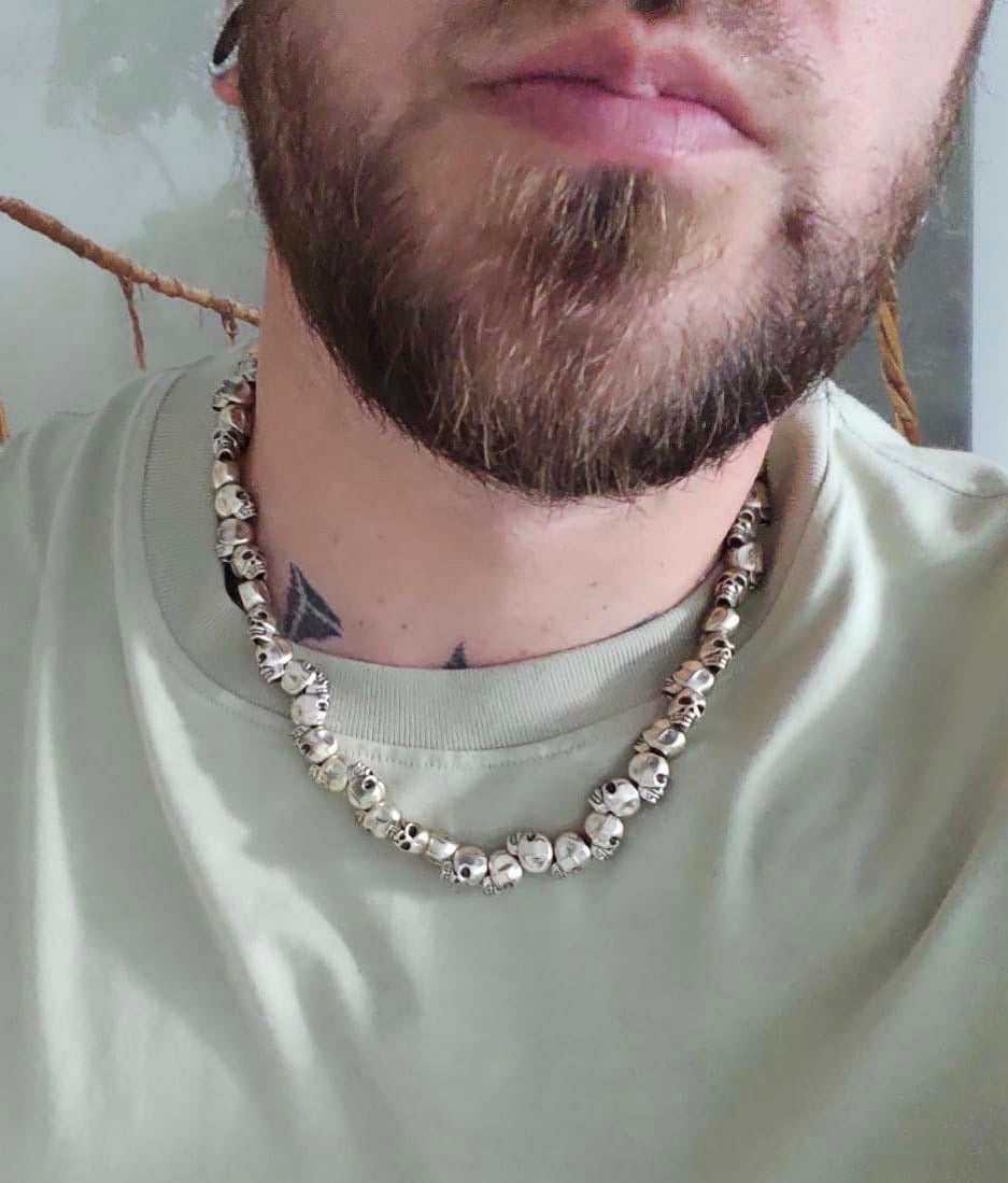 Edgy unisex skull necklace on male model made in Los Angeles
