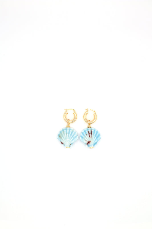 18K gold plated hoop earrings with blue ceramic seashell charm by Nayda De Jesus