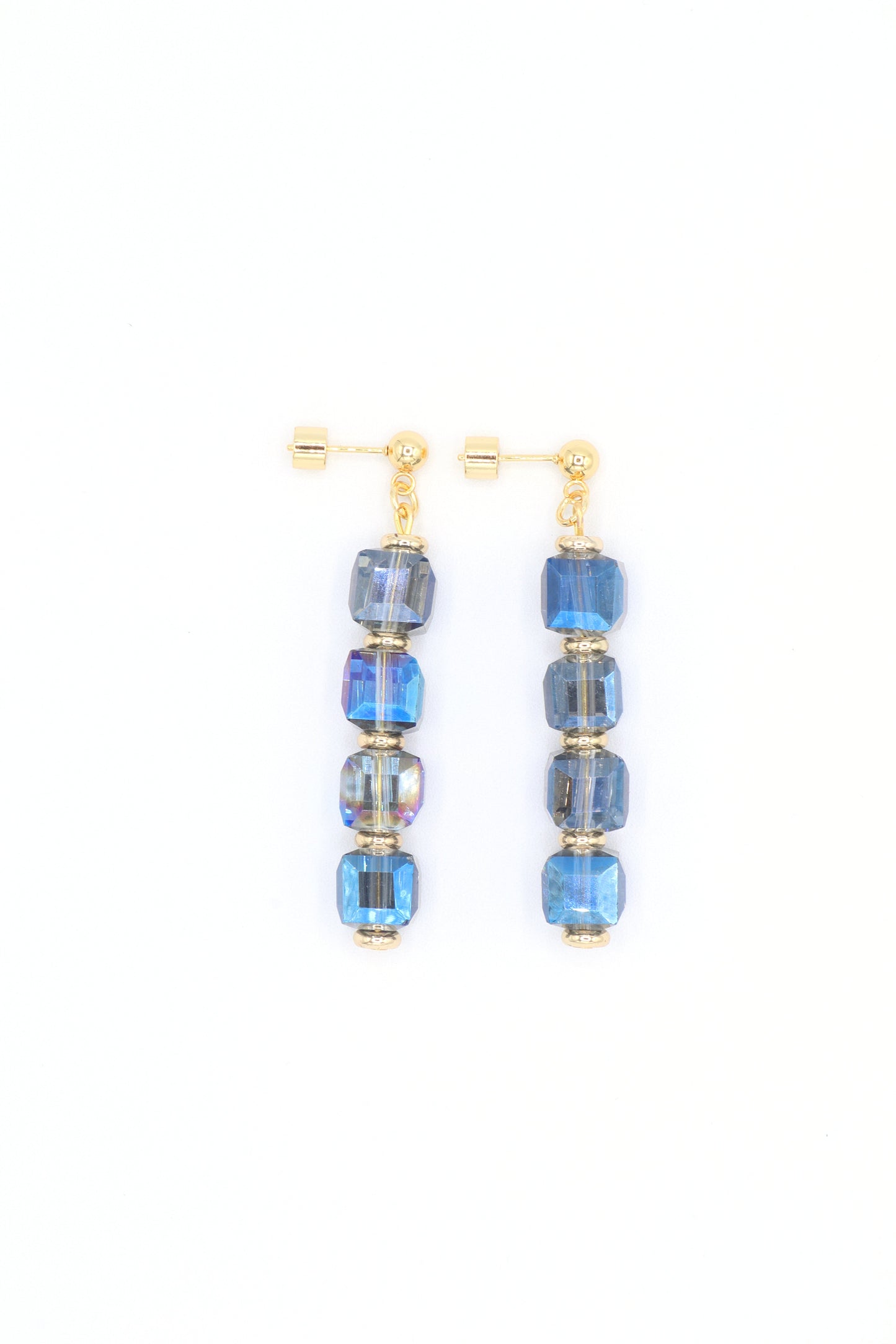 blue-iridescent-glass-stones-18K-gold-plated-spacers-18K-gold-plated-dangle-earring-studs