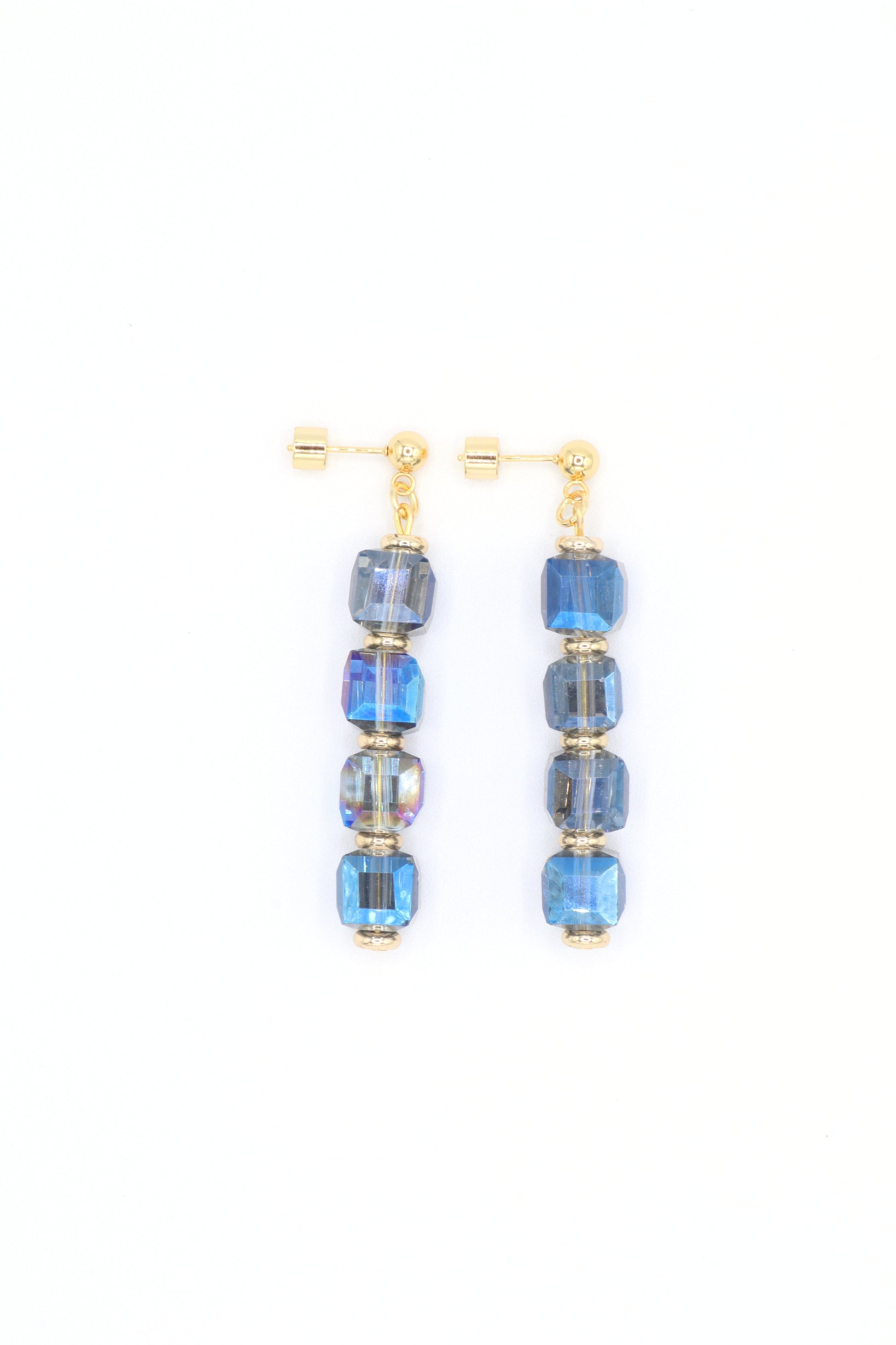 blue-iridescent-glass-stones-18K-gold-plated-spacers-18K-gold-plated-dangle-earring-studs