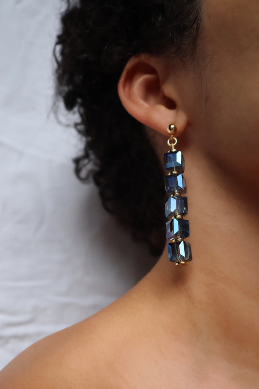 blue-iridescent-glass-stones-18K-gold-plated-dangle-earring-studs-lifestyle-photo-with-model