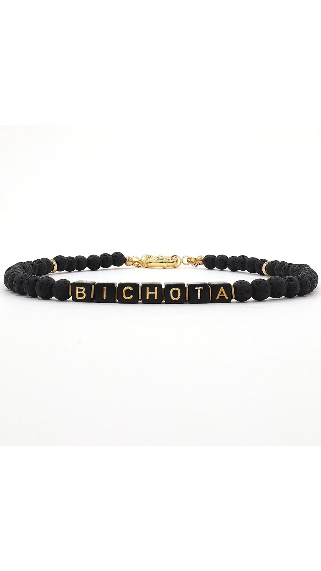 Custom black lava bead necklace with “Bichota” gold cube letters