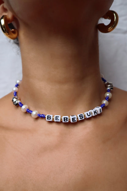Personalized Puerto Rican slang necklace with skull and freshwater pearls