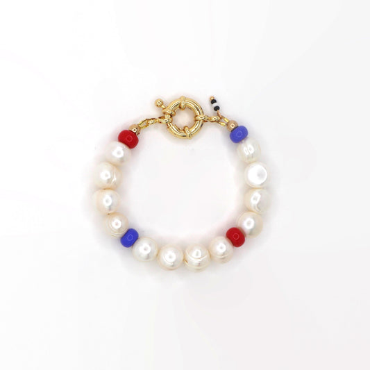     franco-bracelet-hand-made-with-freshwater-pearls-blue-and-red-glass-beads-along-18-k-spring-clasp-by-latina-artist-nayda-de-jesus