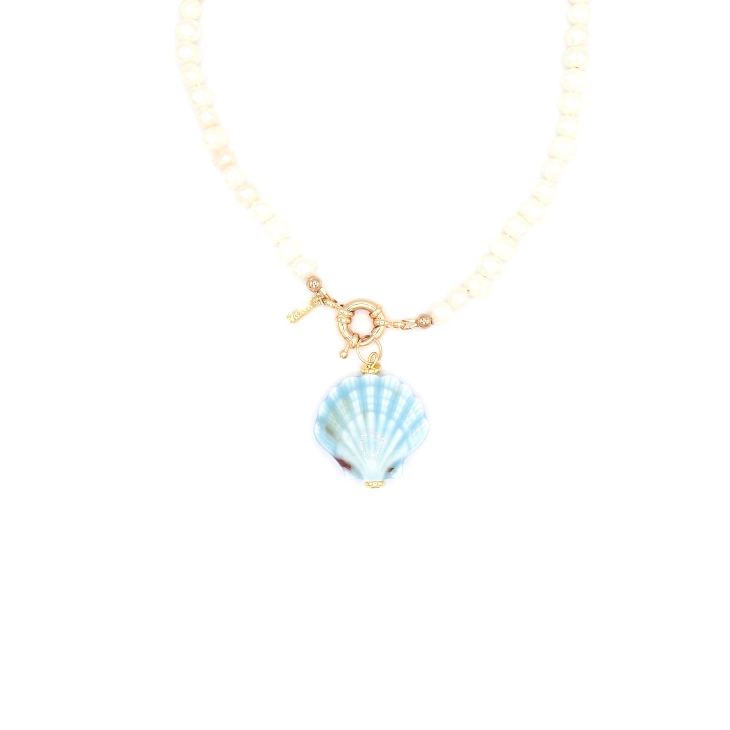 cordelia-charm-with-mari-necklace-hand-made-with-blue-ceramic-sea-shell-and-freshwater-pearls-along-18-k-gold-filled-spring-clasp-by-la-based-latina-artist-nayda-de-jesus